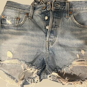 Light Blue Levi’s Denim Cut-Off Jean Shorts with Yellow Stitching